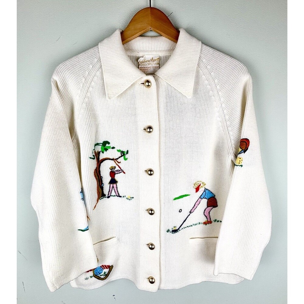 Women's 80s VTG Andreno Argenti Size L Cardigan Off White Golf Cardigan Novelty